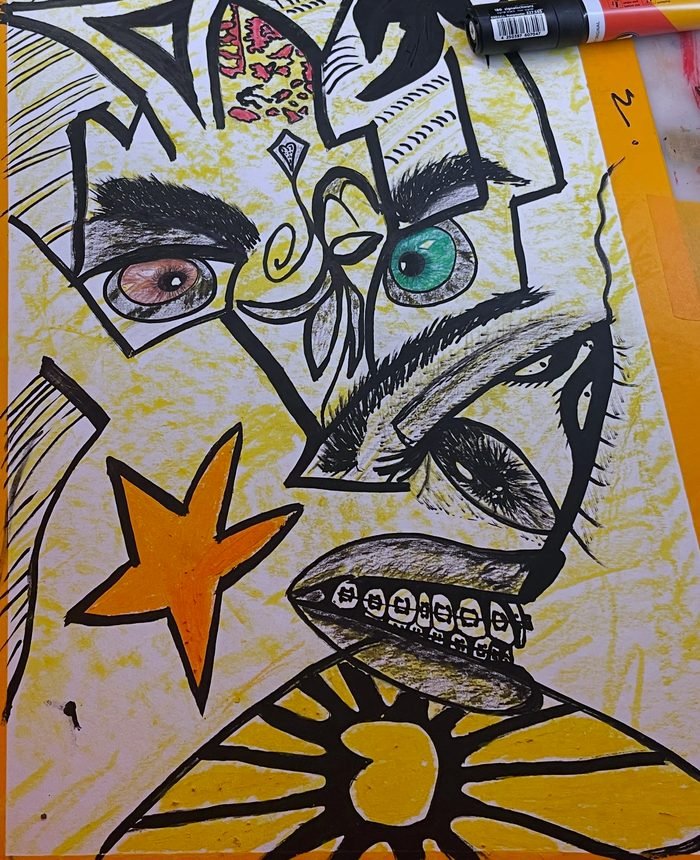 hairy styles — oliepastel, acrylmarker & potloodmarker op papier