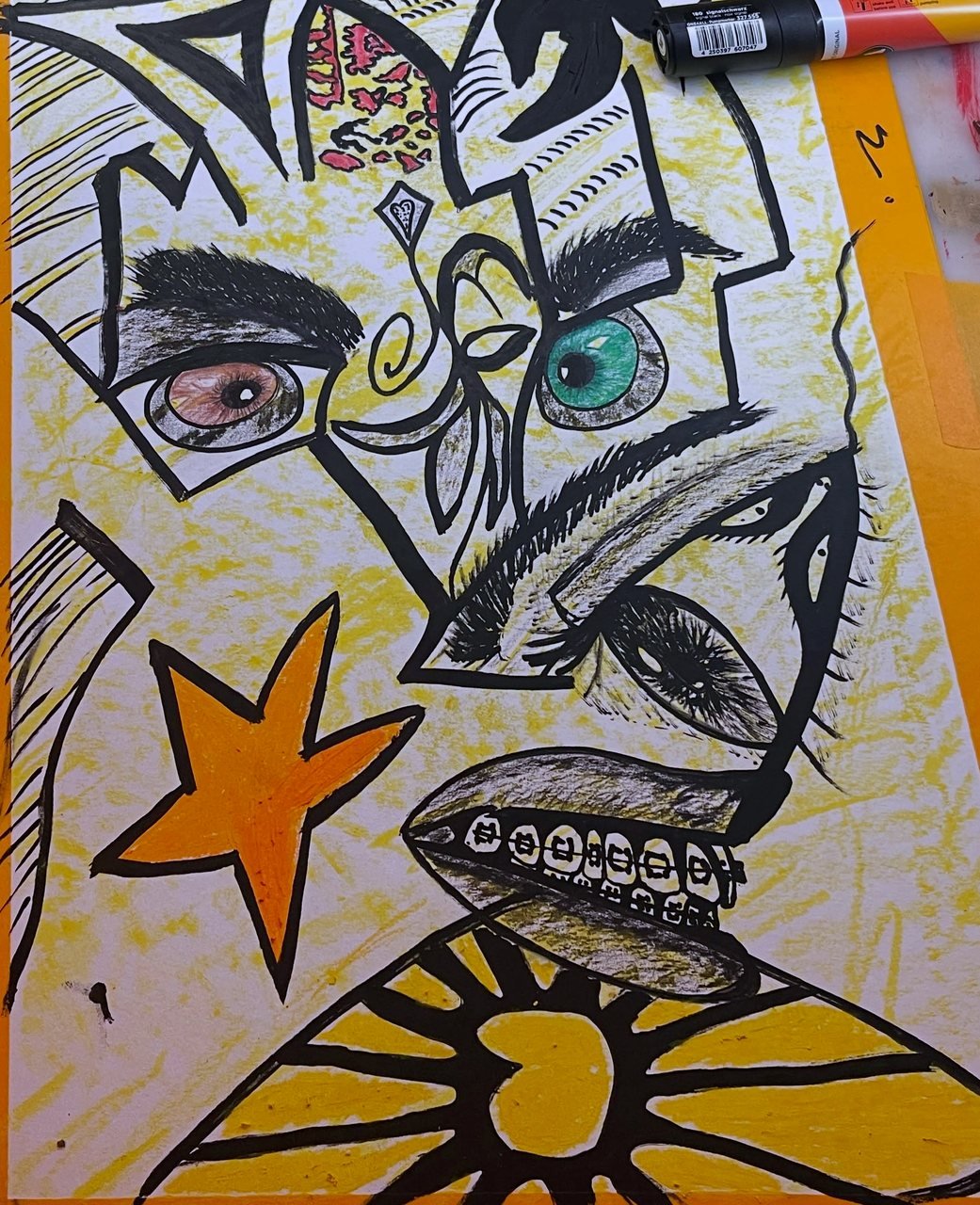 hairy styles — oliepastel, acrylmarker & potloodmarker op papier