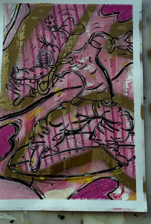 surfingoofy — acryl, oliepastel & spuitverf op papier